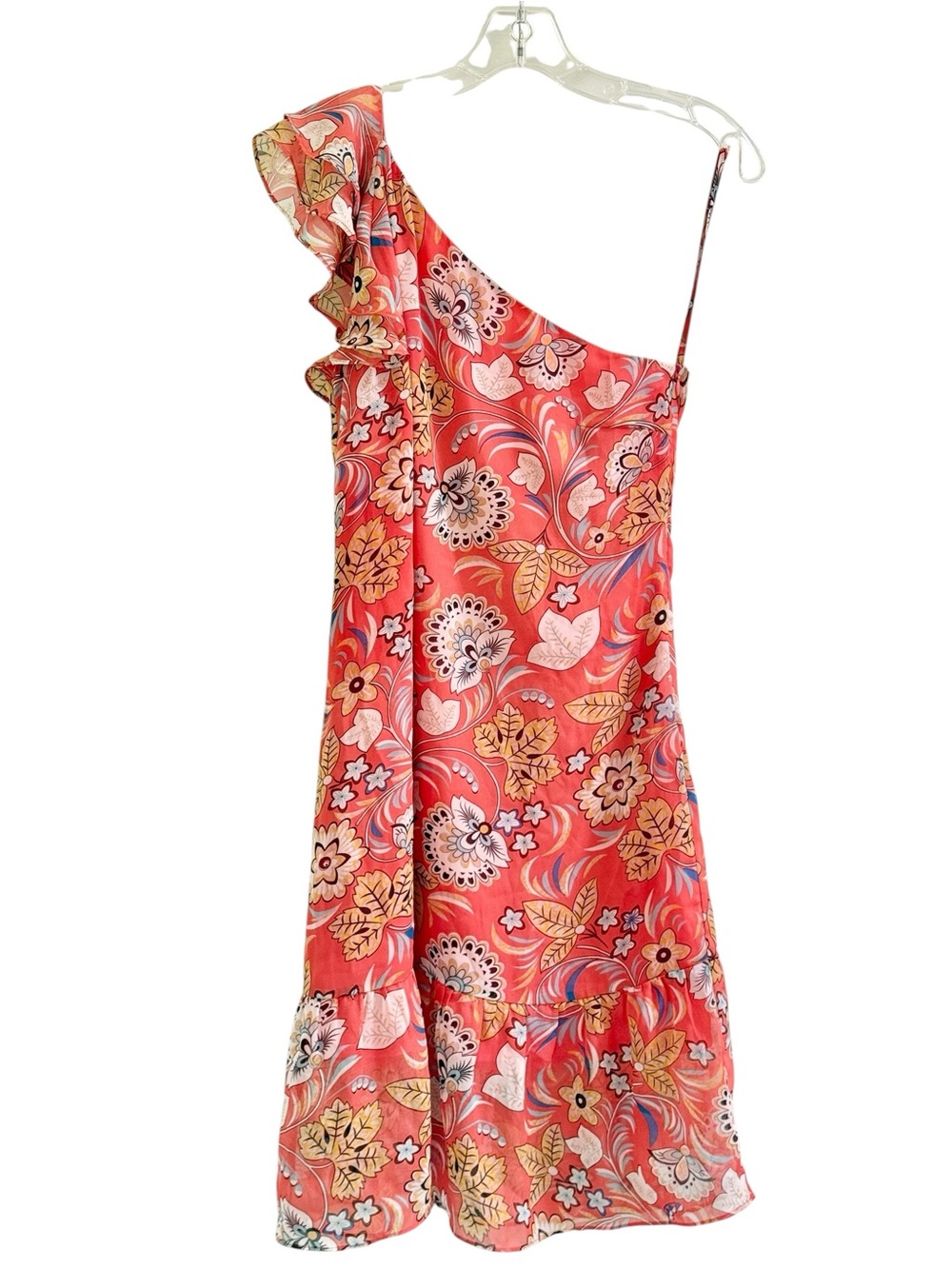 Jade Melody Tam mini dress orange yellow floral ruffle hem one shoulder S NWT